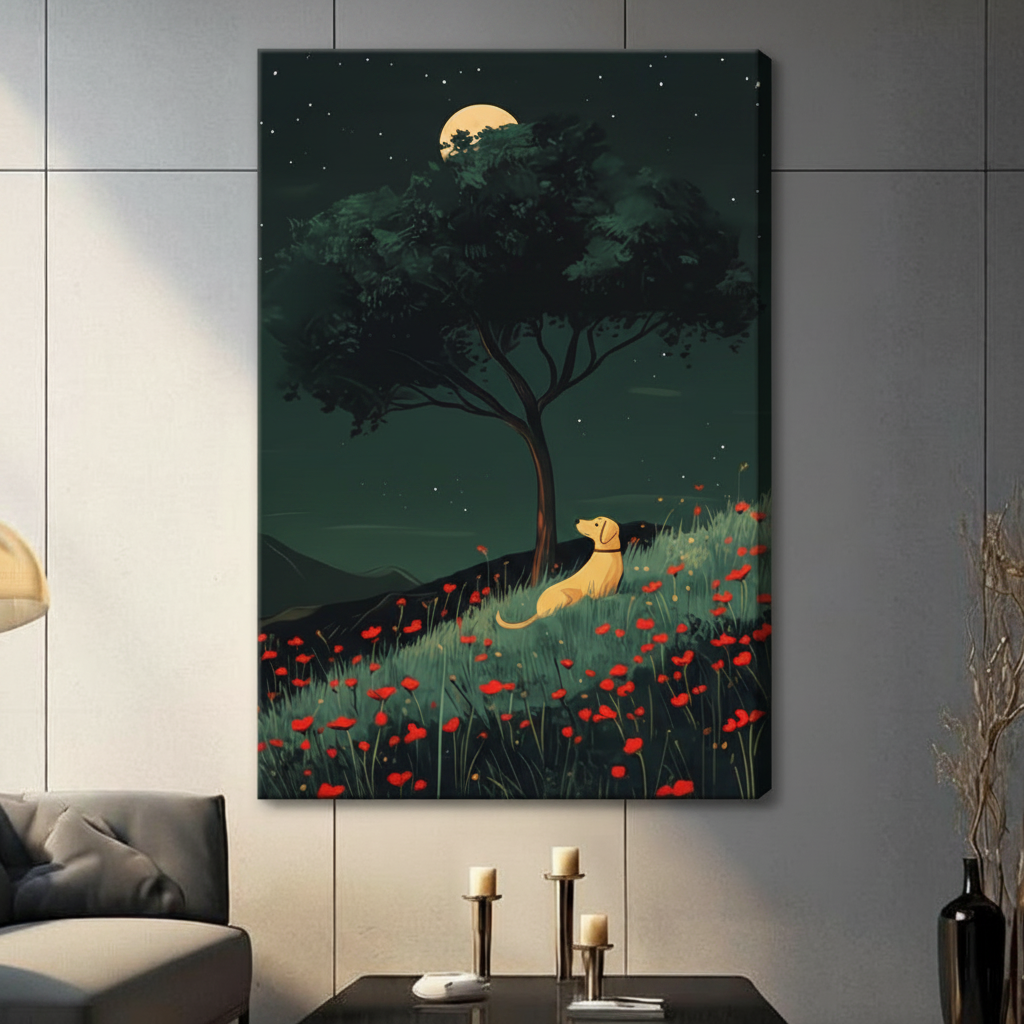 Unframed stretched canvas print of a golden labrador sitting in a red poppy meadow beneath a moonlit tree with a glowing full moon and dark green starry sky in a contemporary living room