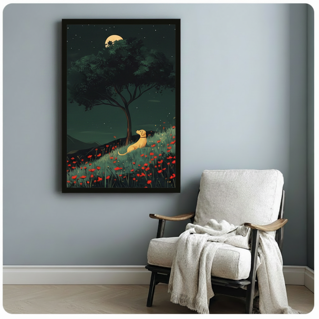 Black framed golden dog in moonlit poppy field canvas art print with rich dark green night landscape and red wildflowers on a light blue-grey wall beside a white linen armchair with draped throw