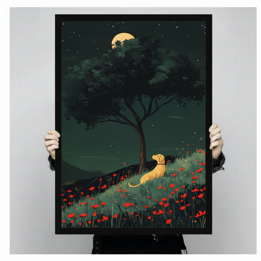 Person holding a large black framed canvas art print of a golden labrador gazing at the moon in a red poppy field showing print size scale and detailed night landscape illustration