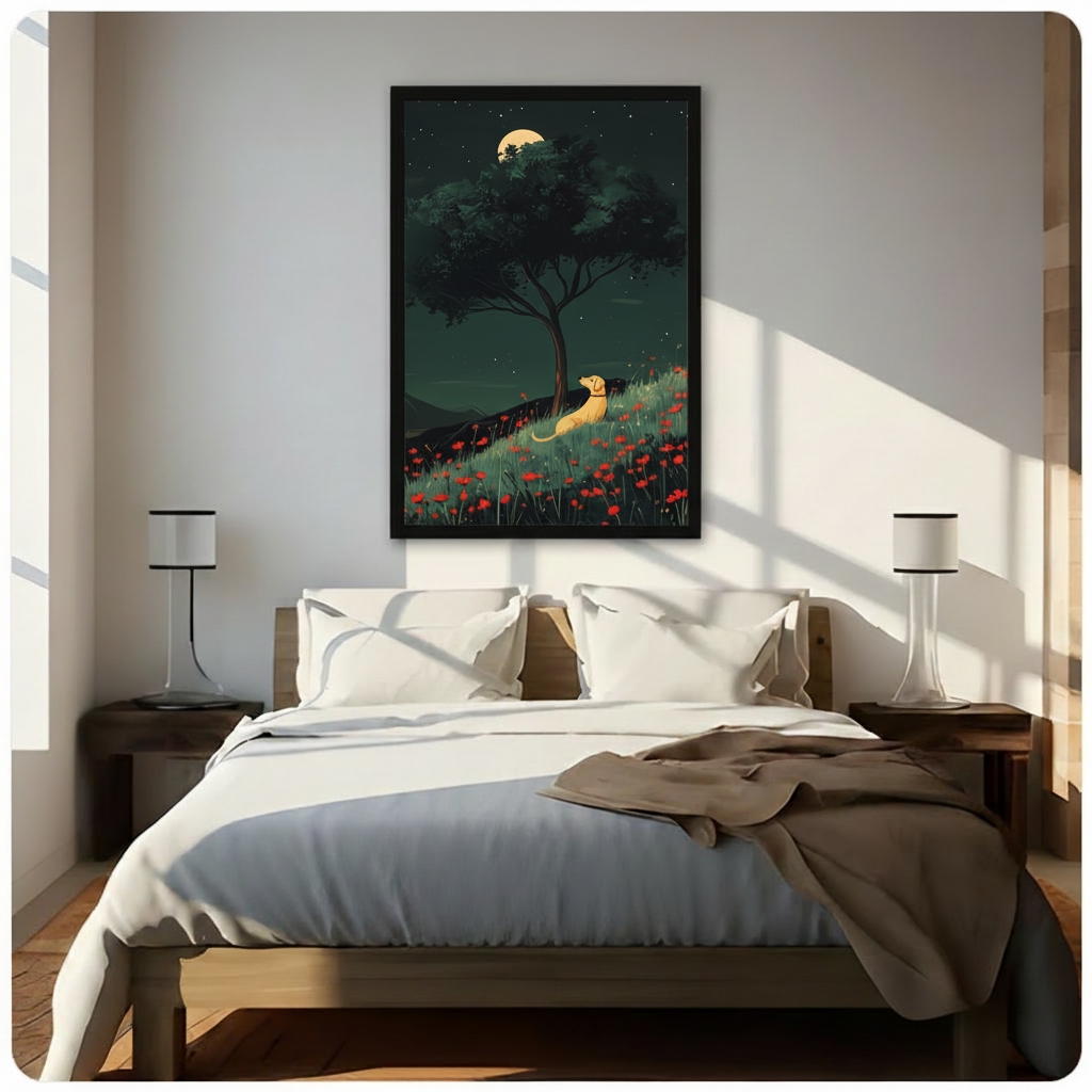 Framed golden labrador in moonlit red poppy meadow canvas wall art with glowing full moon and lone tree on deep green starry background hung above a wooden bed with white bedding in a sunlit bedroom