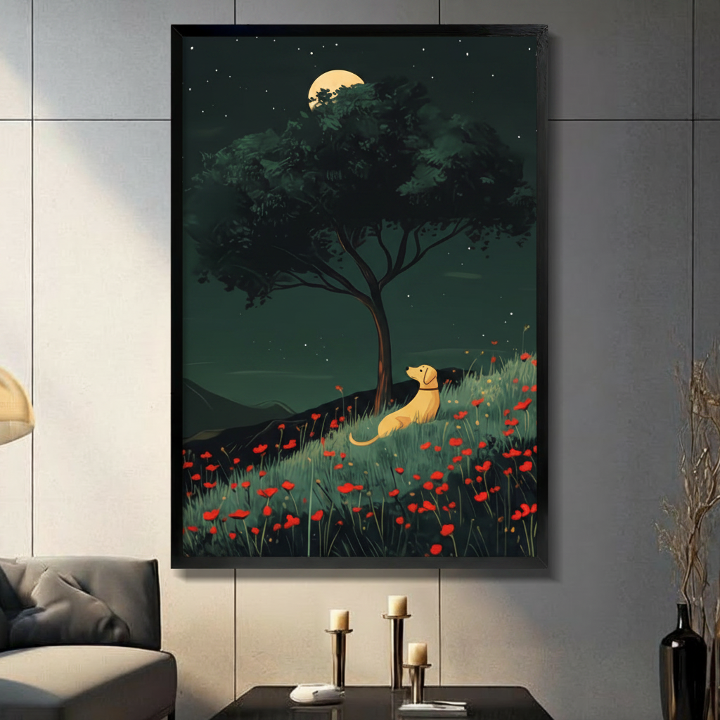 Framed golden labrador gazing at full moon in a poppy field under a lone tree canvas wall art with deep green starry night sky displayed on a dark grey wall in a modern living room
