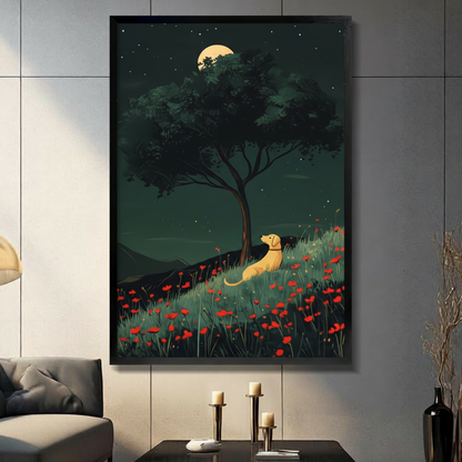 Framed golden labrador gazing at full moon in a poppy field under a lone tree canvas wall art with deep green starry night sky displayed on a dark grey wall in a modern living room