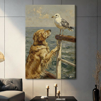 Gallery wrap stretched canvas of a golden retriever rearing up on its hind legs with paws gripping a wooden ship railing looking up curiously at a seagull perched above against a rolling blue-gray sea and soft cloudy sky coastal vintage animal oil painting with warm golden brushstrokes hung frameless on a gray tile wall above a dark sofa