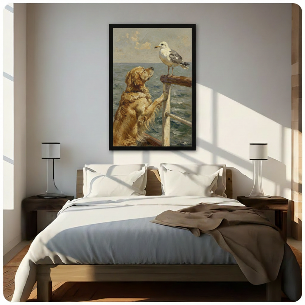 Black framed serene coastal vintage oil painting of a fluffy golden retriever standing on hind legs with paws on a wooden boat railing looking up at a white and gray seagull on the post above a calm blue-gray sea and soft sky warm impressionist animal canvas wall art hung in bright diagonal sunlight above a dark wood bed with white linen bedding