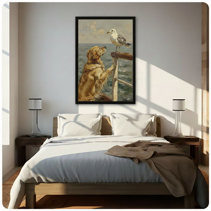 Black framed serene coastal vintage oil painting of a fluffy golden retriever standing on hind legs with paws on a wooden boat railing looking up at a white and gray seagull on the post above a calm blue-gray sea and soft sky warm impressionist animal canvas wall art hung in bright diagonal sunlight above a dark wood bed with white linen bedding