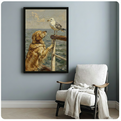 Black framed charming coastal vintage portrait of a golden retriever standing upright with paws on a wooden boat rail looking up at a white gray seagull perching on the post above a wide open blue-gray ocean warm impressionist animal oil painting canvas print hung on a soft blue-gray wall beside a white upholstered wood armchair with a cream throw