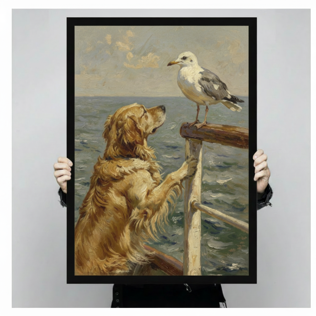 Two hands holding a large black framed coastal vintage oil painting of a golden retriever on its hind legs with front paws on a wooden ship railing gazing up at a seagull perched on the post with a blue-gray ocean and cloudy sky background warm animal canvas art print, front-facing vertical product size display