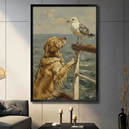 Black framed coastal vintage oil painting of a fluffy golden retriever standing on its hind legs with front paws on a wooden boat railing gazing up at a white and gray seagull perched on the post with a blue-gray ocean and cloudy sky in the background animal canvas wall art displayed in a modern gray living room with dark sofa and metal candlesticks