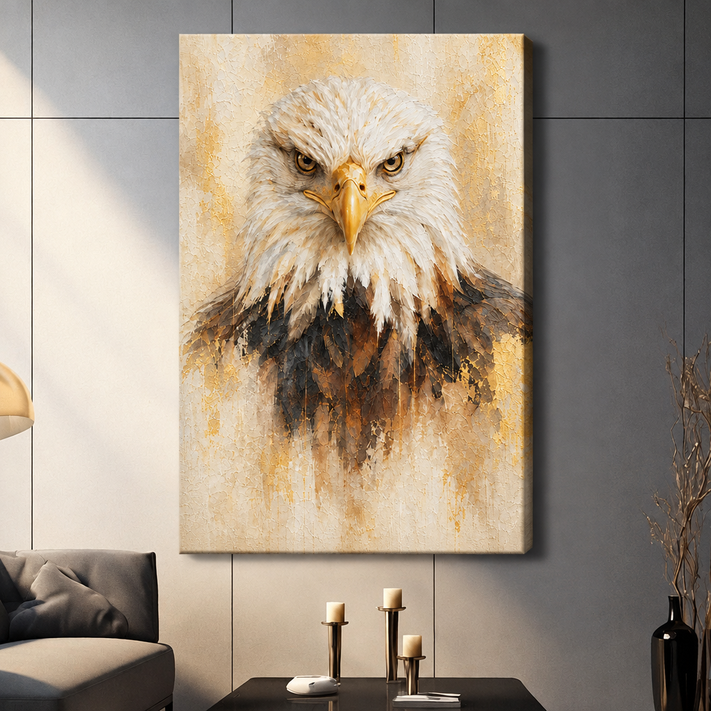 Oil painting close-up portrait of a bald eagle with intense yellow eyes white head feathers and dark brown chest against a textured gold background eagle wall art stretched canvas dark panel wall living room