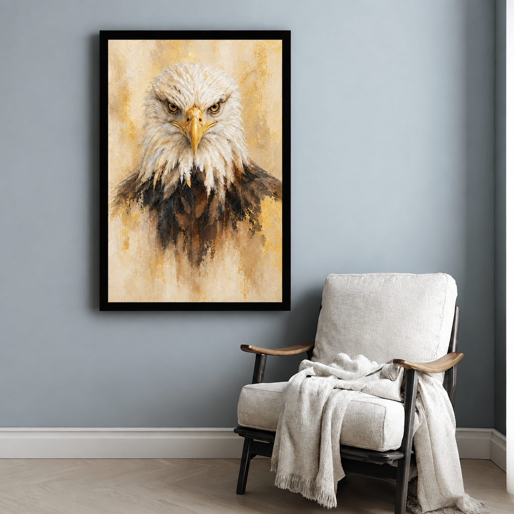 Oil painting close-up portrait of a bald eagle with intense yellow eyes white head feathers and dark brown chest against a textured gold background eagle wall art framed print beside armchair blue-gray wall