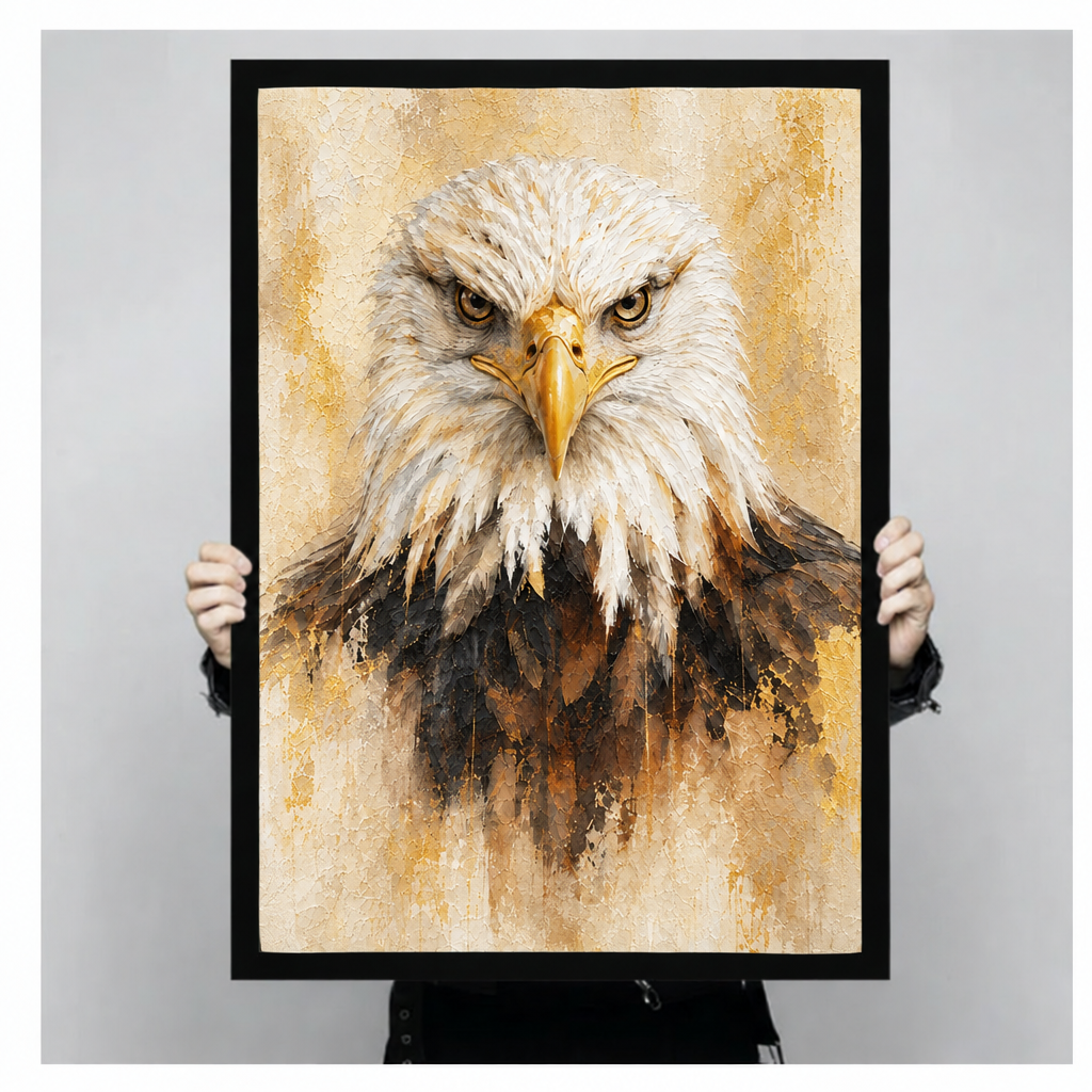 Oil painting close-up portrait of a bald eagle with intense yellow eyes white head feathers and dark brown chest against a textured gold background eagle wall art framed print held up