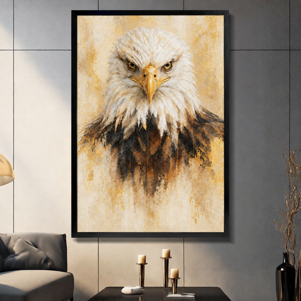 Oil painting close-up portrait of a bald eagle with intense yellow eyes white head feathers and dark brown chest against a textured gold background eagle wall art framed print dark panel wall living room