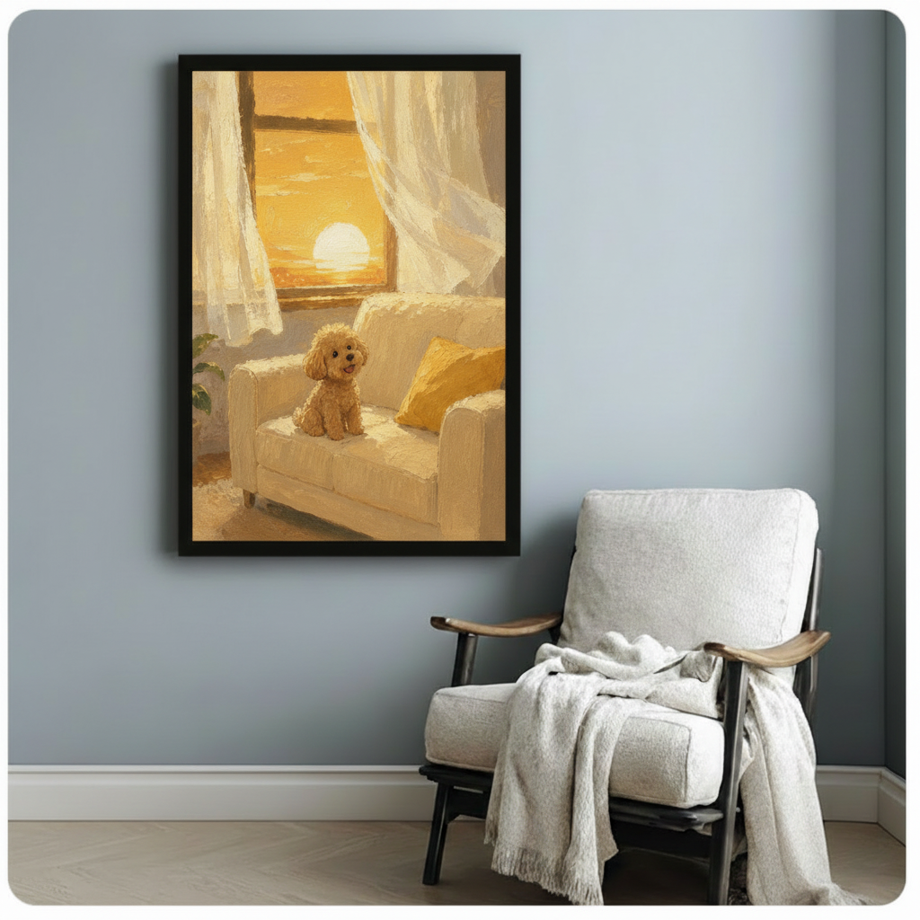 Smiling golden poodle sunset wall art – black framed print above wooden accent chair with throw blanket