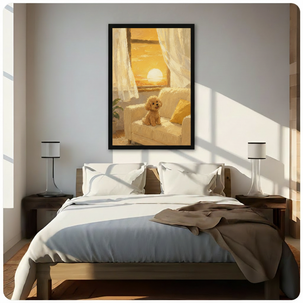 Golden poodle on sofa at sunset – black framed wall art print hung above bed in bright minimalist bedroom