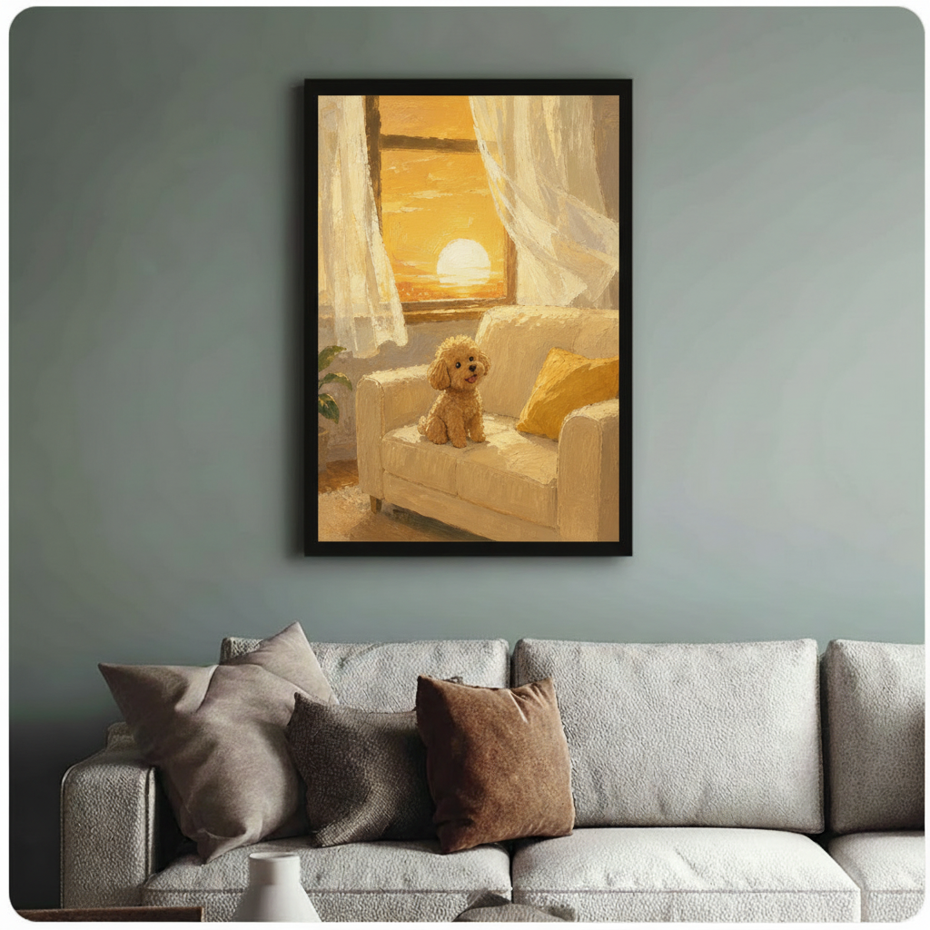 Oil painting style poodle and sunset framed print – black frame on sage green wall above linen sofa