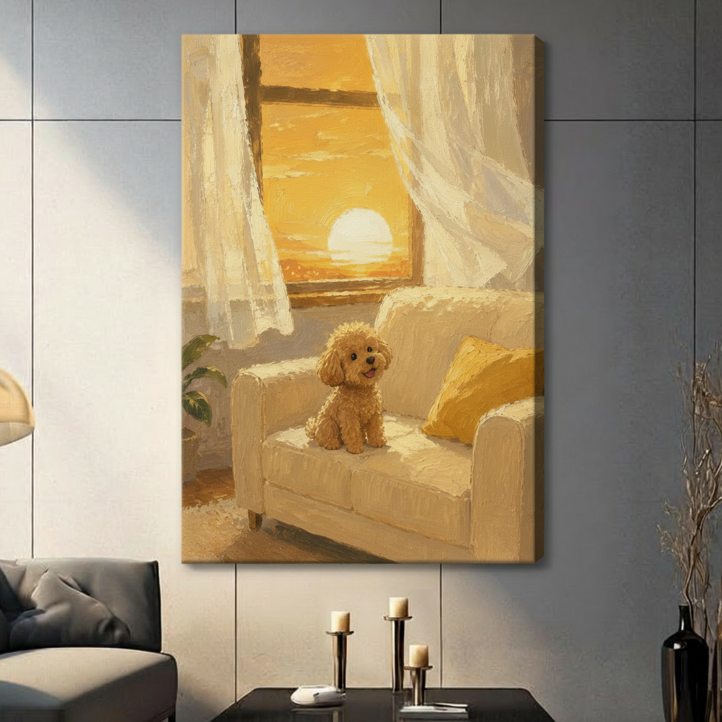 Cute poodle on cream sofa with golden sunset window – canvas wrap wall art displayed in living room