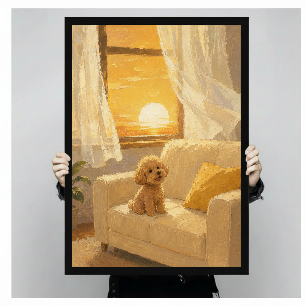 Person holding golden poodle sunset framed art print – warm oil painting style pet portrait poster