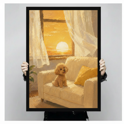 Person holding golden poodle sunset framed art print – warm oil painting style pet portrait poster