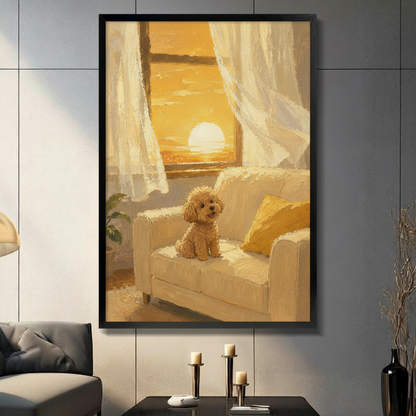 Golden poodle sitting on white sofa at sunset – black framed wall art print in modern living room