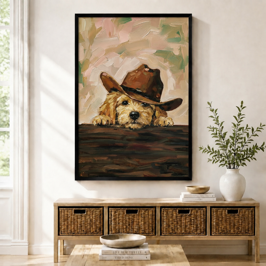Black framed oil painting of a fluffy golden puppy peeking over a ledge wearing a brown cowboy hat displayed above a wicker console table in a bright entryway