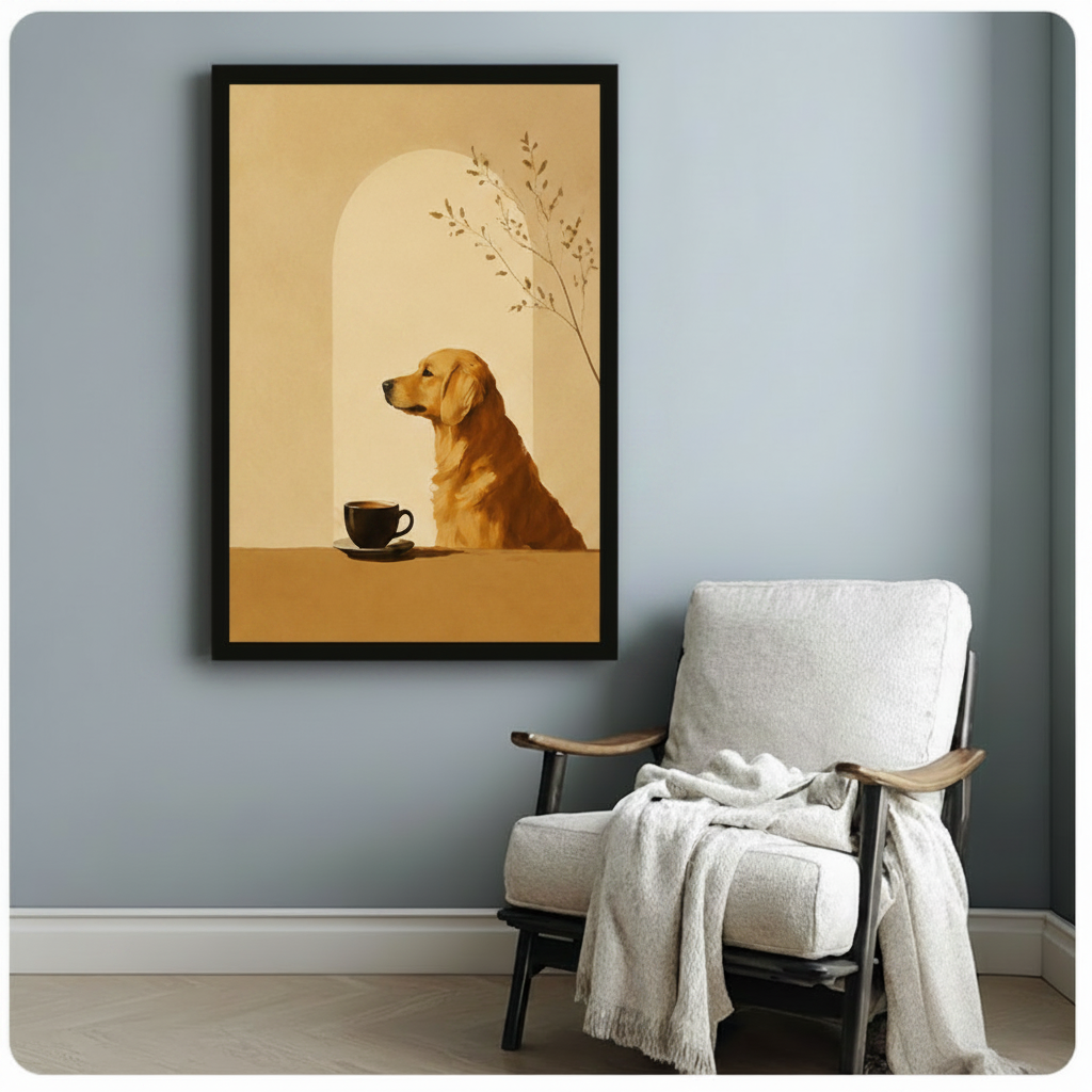 Black framed golden retriever and coffee cup art poster hung above cozy armchair on blue-grey wall — minimalist boho animal wall decor