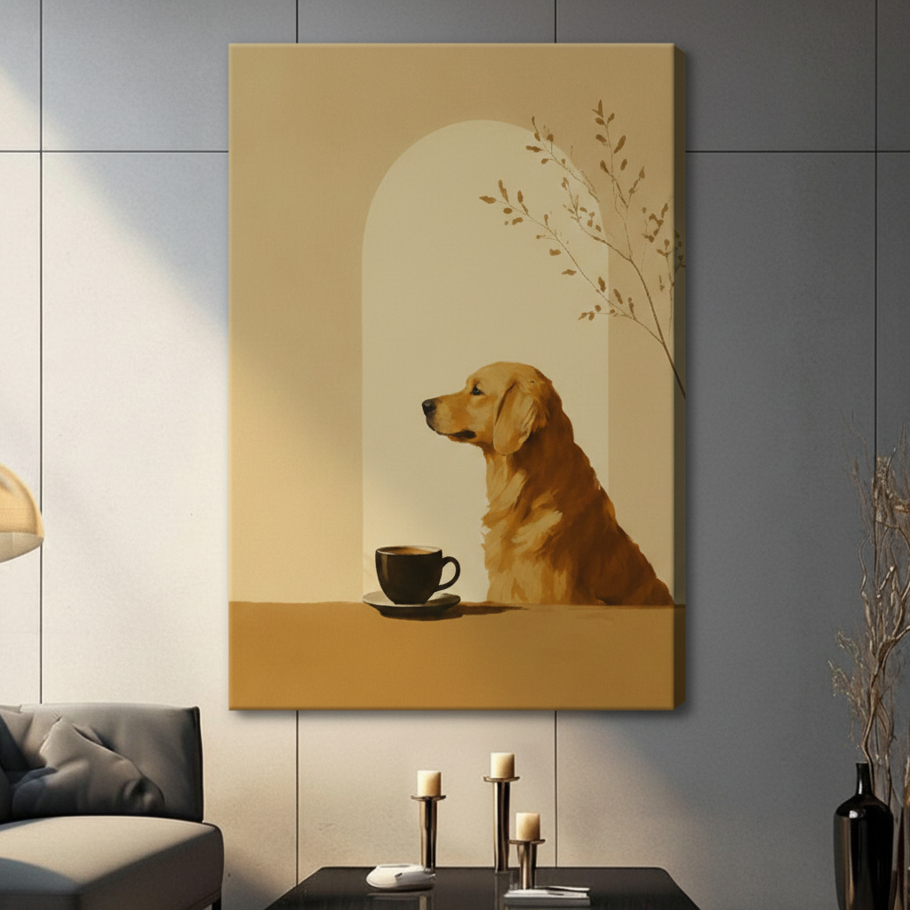 Frameless canvas print of a golden retriever with coffee cup and arched background, warm amber tones, styled in contemporary living room decor