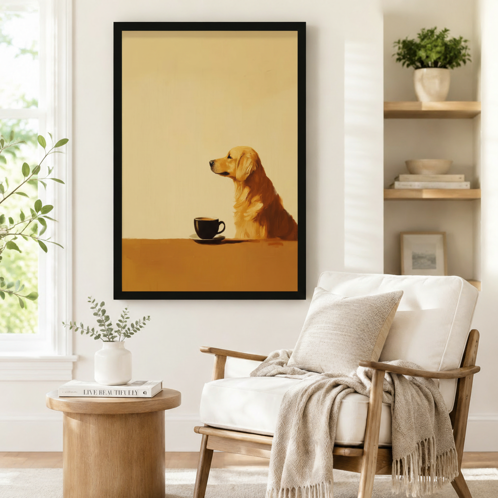 Golden retriever and black coffee cup minimalist two-tone framed art print beside wooden accent chair with linen throw - calm contemplative dog canvas wall decor with warm cream and caramel brown palette for cozy reading nook