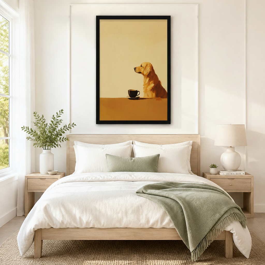 Golden retriever and coffee cup minimalist two-tone framed canvas displayed above bed in sunlit Scandinavian bedroom with light wood frame and sage green throw - serene dog lover wall art with warm cream and caramel brown palette for elegant bedroom decor