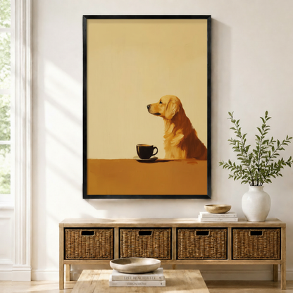 Golden retriever sitting in profile beside black coffee cup framed wall art - minimalist two-tone oil painting canvas print with warm cream upper field and caramel brown lower block for entryway console decor