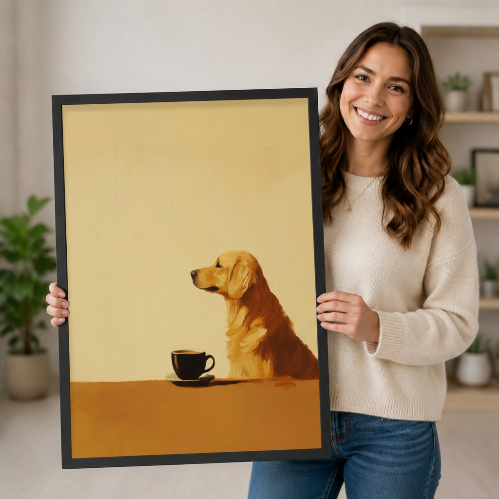 Smiling woman holding large framed golden retriever with black coffee cup canvas print - full artwork detail of minimalist two-tone oil painting with golden retriever seated in profile warm cream upper background and rich caramel brown lower block