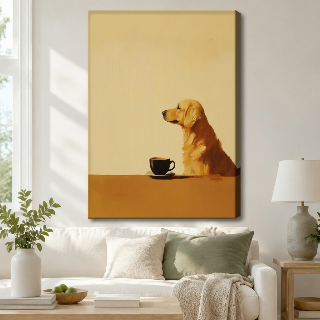 Unframed golden retriever with black coffee cup minimalist oil painting canvas print above white linen sofa - serene two-tone warm cream and caramel brown dog wall art for contemporary living room decor