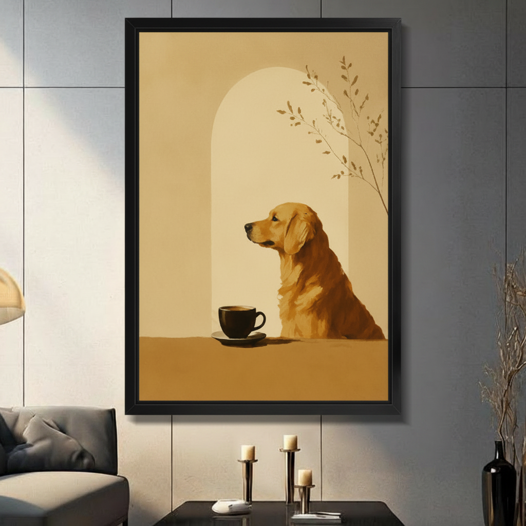 Minimalist golden retriever wall art print in black frame — dog sitting beside a coffee cup under an arch with botanical branch, displayed in modern living room