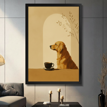 Minimalist golden retriever wall art print in black frame — dog sitting beside a coffee cup under an arch with botanical branch, displayed in modern living room