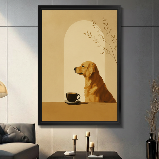 Minimalist golden retriever wall art print in black frame — dog sitting beside a coffee cup under an arch with botanical branch, displayed in modern living room