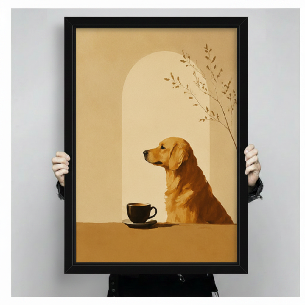 Hands holding black framed golden retriever wall art print — minimalist dog with coffee cup and arch motif on warm amber background