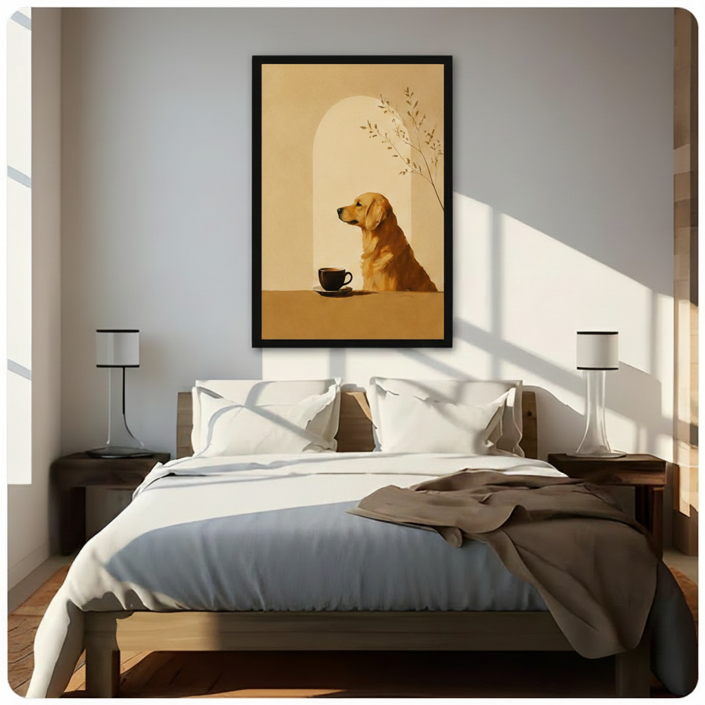 Minimalist golden retriever and coffee cup framed wall art displayed above bed in bright Scandinavian bedroom — warm neutral tones animal art decor