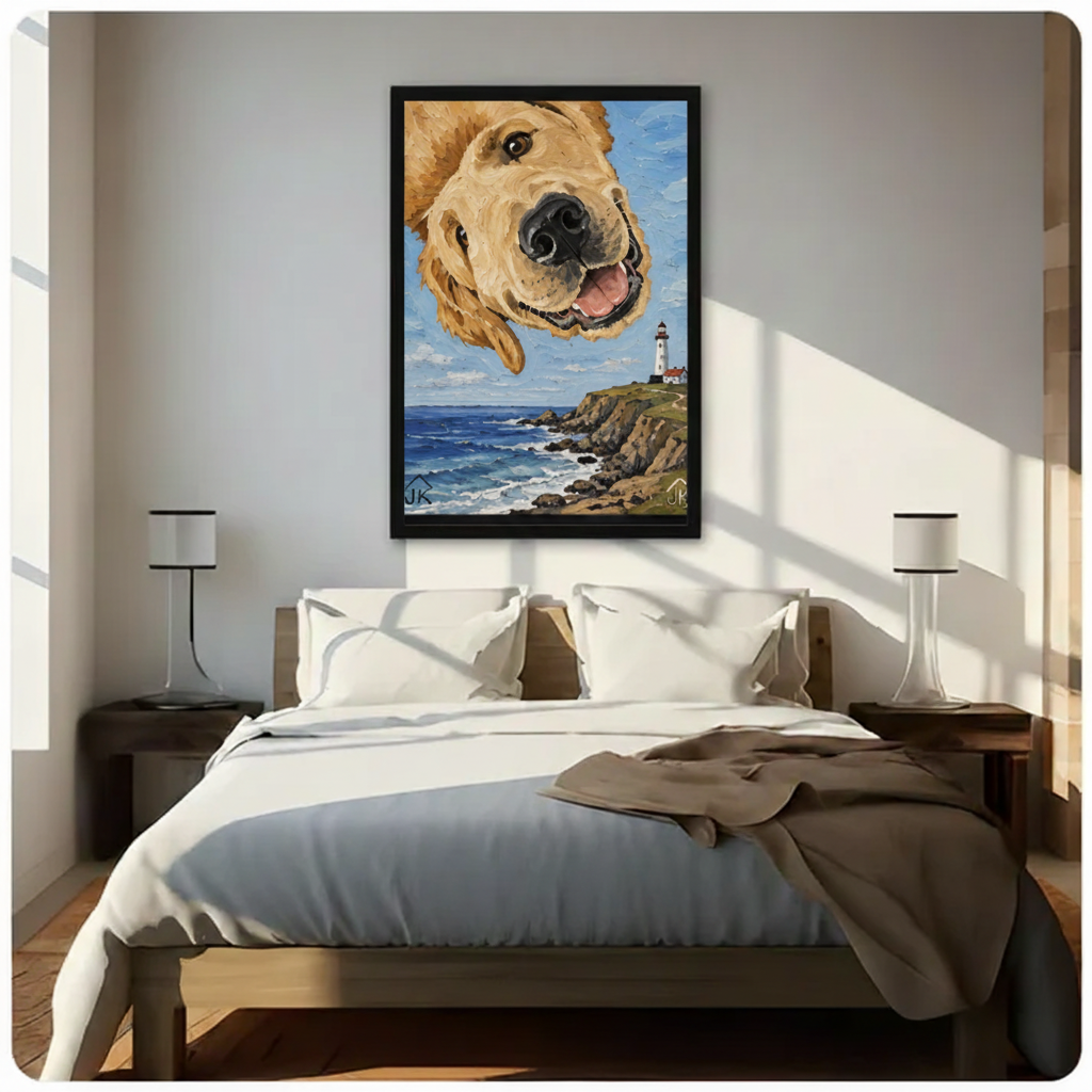 Golden retriever lighthouse framed canvas art hanging above bed with white bedding — whimsical dog wall decor for bedroom