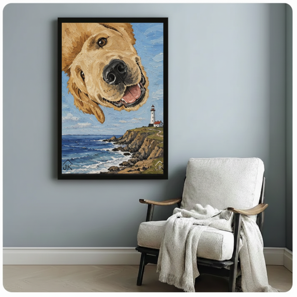 Black framed golden retriever lighthouse painting on blue-gray wall above white armchair — whimsical dog canvas wall art