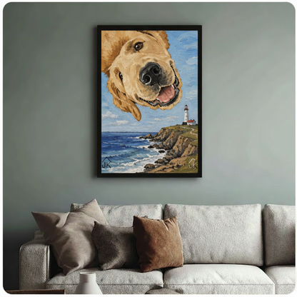 Golden retriever coastal lighthouse oil painting in black frame on blue-gray wall above white armchair — whimsical dog canvas wall decor