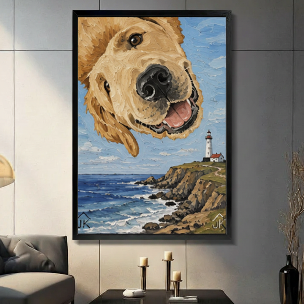 Hands holding large framed golden retriever coastal lighthouse oil painting canvas — whimsical dog beach scene wall art size display