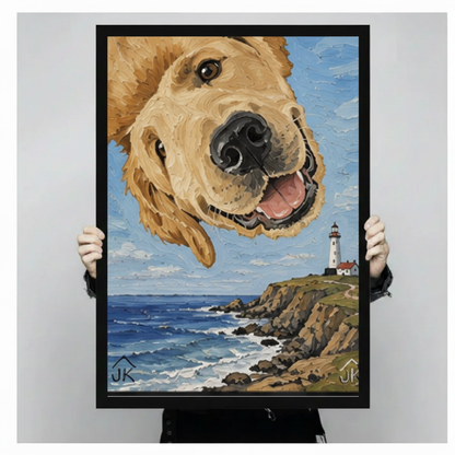 Hands holding large black framed golden retriever lighthouse canvas print — dog beach scene wall art size reference