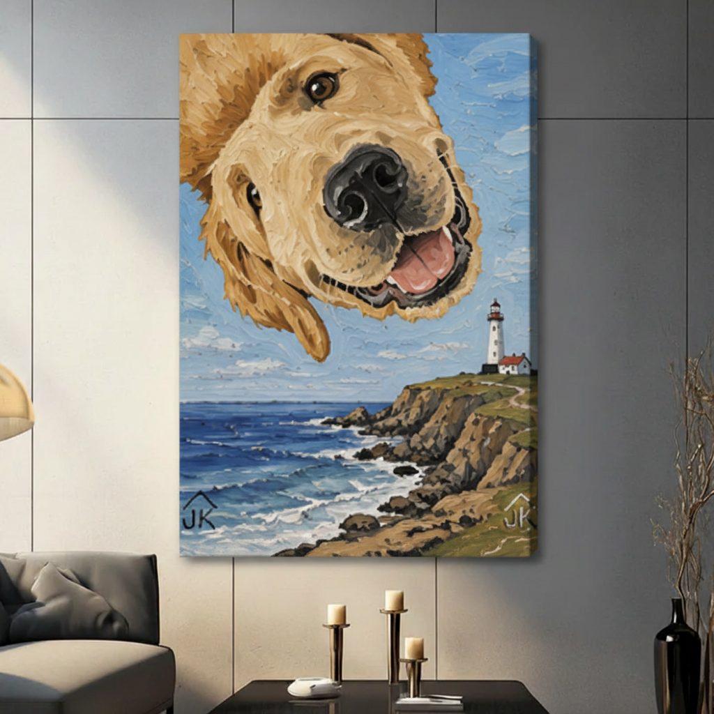 Framed golden retriever lighthouse oil painting canvas above dark wooden bed with sunlight shadows — whimsical dog coastal wall art for bedroom