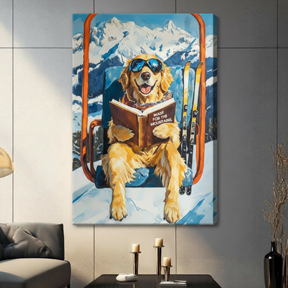 Happy golden retriever with blue ski goggles sitting on orange chairlift reading hardcover book with yellow skis and alpine snow mountain background colorful oil painting stretched canvas wall art print hanging in a contemporary living room with dark gray tiled wall
