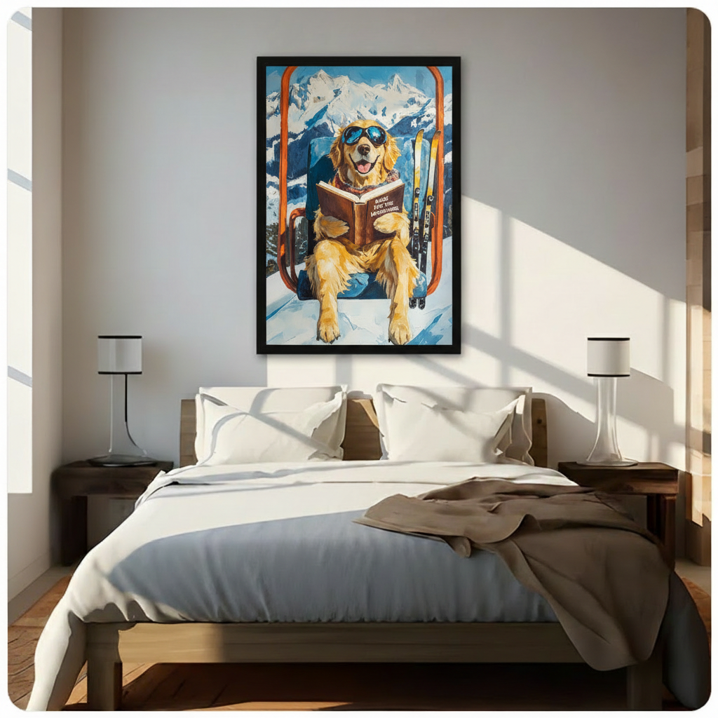 Smiling golden retriever with blue goggles reading Made for the Mountains book on orange chairlift with yellow skis and snowy mountain peaks oil painting framed wall art print hanging above a modern bedroom bed with white linen bedding, dark wood nightstands, and minimalist white table lamps