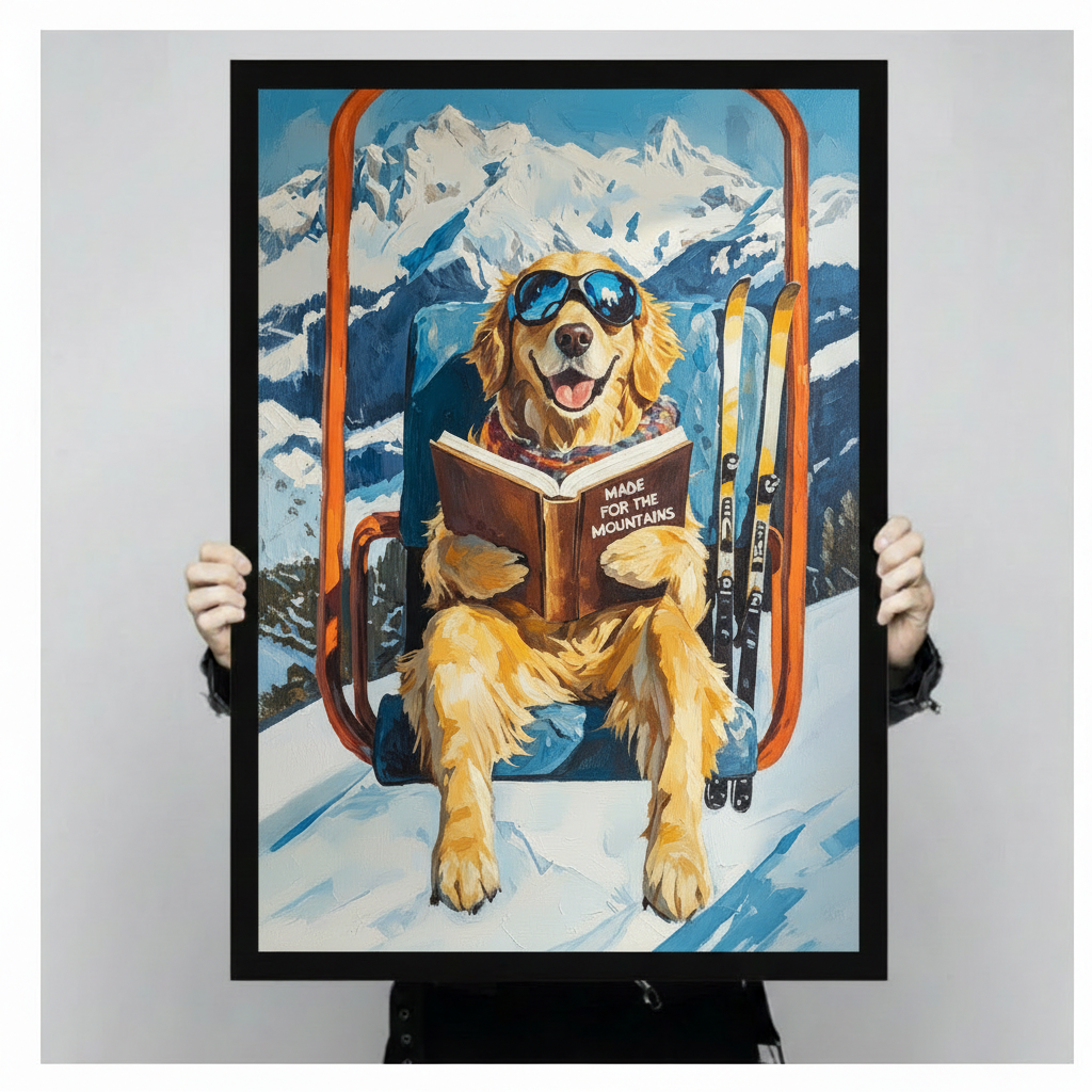 Humorous golden retriever wearing blue aviator sunglasses seated on orange ski lift chair reading hardcover book beside yellow skis with alpine snow mountain background oil painting framed wall art print held up for size reference against a light gray neutral background
