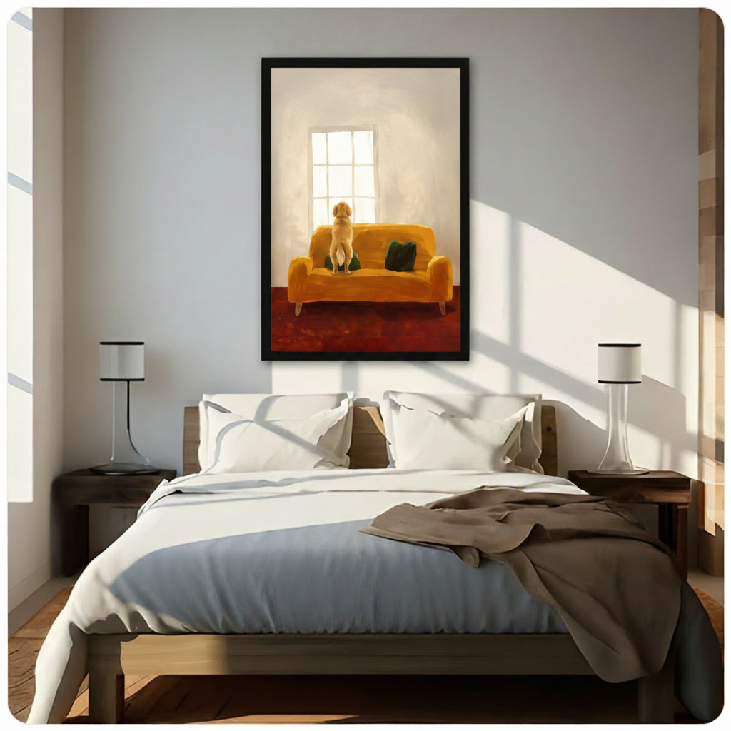 Golden retriever watching window framed canvas above bed — dog lover bedroom wall art with warm natural light