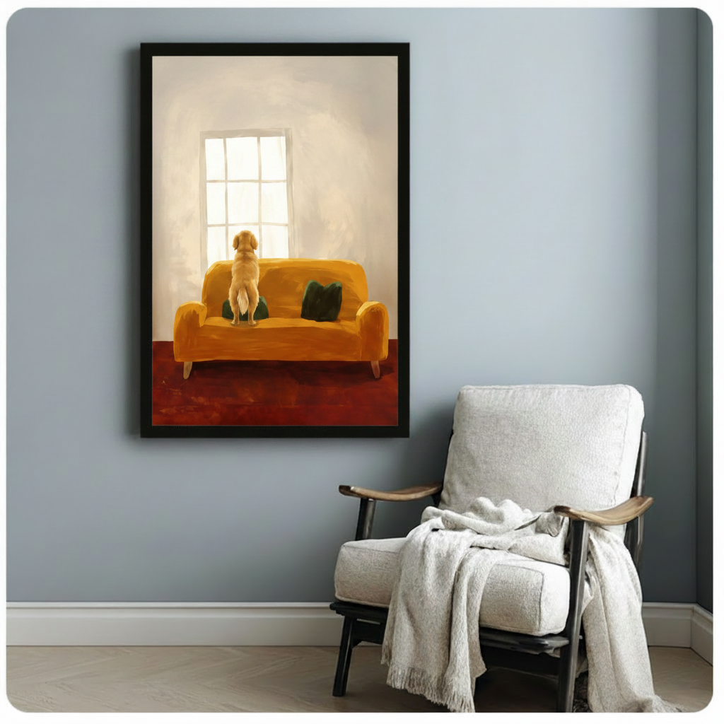 Golden retriever window canvas art in black frame above linen armchair — warm dog wall decor for cozy reading nook