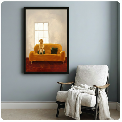 Golden retriever window canvas art in black frame above linen armchair — warm dog wall decor for cozy reading nook