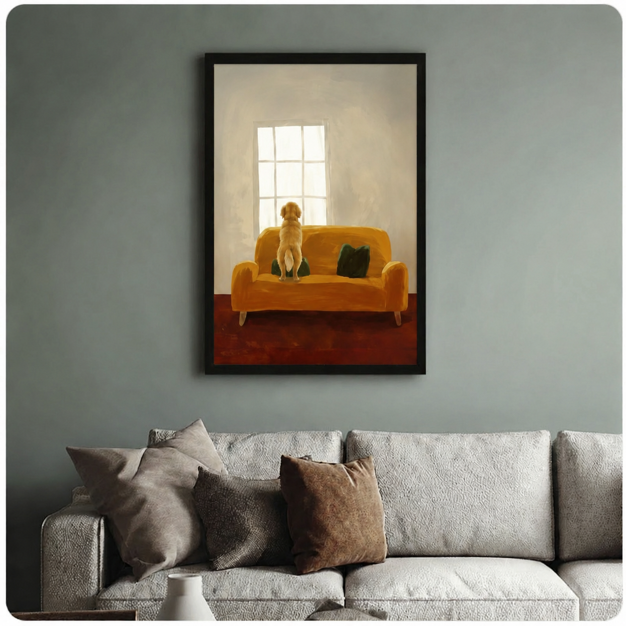 Framed golden retriever canvas print above grey sofa — dog watching window wall art for modern living room