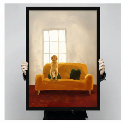 Hand-held framed canvas print of golden retriever on yellow sofa — premium dog wall art shown front-facing